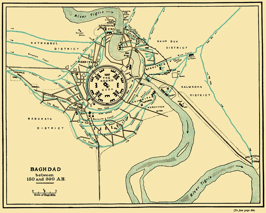 A drawing of a map labeled “Baghdad between 150 and 300 A.H.” is shown. A scale is shown under the map title. The map is yellow with a black double lined border. Rivers are highlighted with tiny blue dots, canals highlighted with blue lines, and roads drawn in black. In the middle of the map is a circle labeled “The Round City.” Inside the circle are “E” shaped drawings in various directions. Four lines extend out of the Round City and connect with other lines to indicate roads that run all around the circle in various directions. Some of the roads are labeled. Labeled canals that connect and overlap are drawn all around the circle with some extending out far right on the map. The River Tigris is shown snaking down from the top left and ending at the bottom right of the map. Several district areas are labeled and various small shapes are drawn around the map.