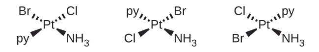 Se muestran tres estructuras. En el centro de cada uno hay un átomo de P t. Desde este átomo en la primera estructura de la izquierda, un enlace simple, representado por una cuña discontinua, se extiende desde un vértice en el átomo de P t hacia arriba y hacia la derecha hasta un átomo C l. Del mismo modo, un enlace simple, representado por una cuña sólida, se extiende desde un vértice en el átomo de P t hacia abajo y hacia la derecha hasta el átomo de N de un grupo N H subíndice 3. Otro enlace simple, representado por una cuña discontinua, se extiende desde un vértice en el átomo de P t hacia arriba y a la izquierda hasta un átomo de B r. Del mismo modo, un enlace simple, representado por una cuña sólida, se extiende desde un vértice en el átomo de P t hacia abajo y hacia la izquierda hasta p y. La estructura del medio muestra un enlace simple, representado por una cuña discontinua que se extiende desde un vértice en el átomo de P t hacia arriba y hacia la derecha hasta un átomo de B r. Del mismo modo, un enlace simple, representado por una cuña sólida, se extiende desde un vértice en el átomo de P t hacia abajo y hacia la derecha hasta el átomo de N de un grupo N H subíndice 3. Otro enlace simple, representado por una cuña discontinua, se extiende desde un vértice en el átomo de P t hacia arriba y a la izquierda hasta p y. Del mismo modo, un enlace simple, representado por una cuña sólida, se extiende desde un vértice en el átomo de P t hacia abajo y a la izquierda hasta un átomo de C l. La tercera estructura muestra un enlace simple, representado por una cuña discontinua, que se extiende desde un vértice en el átomo de P t hacia arriba y hacia la derecha hasta p y. Del mismo modo, un enlace simple, representado por una cuña sólida, se extiende desde un vértice en el átomo de P t hacia abajo y hacia la derecha hasta el átomo de N de un grupo N H subíndice 3. Otro enlace simple, representado por una cuña discontinua, se extiende desde un vértice en el átomo de P t hacia arriba y a la izquierda hasta un átomo de C l. Del mismo modo, un enlace simple, representado por una cuña sólida, se extiende desde un vértice en el átomo de P t hacia abajo y hacia la izquierda hasta un átomo de B r.;