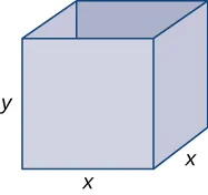 Se muestra una caja con base cuadrada. La base tiene una longitud de lado x, y su altura es y.