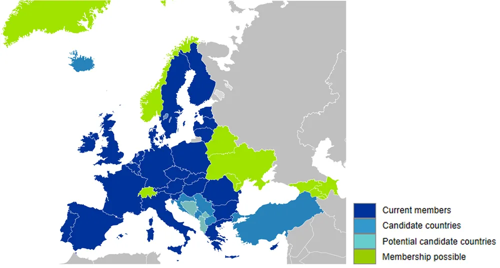 Map of Europe indicating countries which are members, candidate members, potential candidate members, and possible members of the European Union.