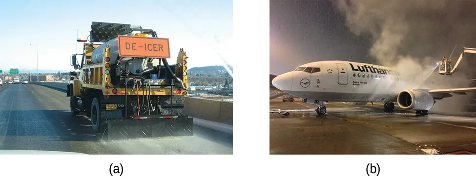 This figure contains two photos. The first photo is a rear view of a large highway maintenance truck carrying a bright orange de-icer sign. A white material appears to be deposited at the rear of the truck onto the roadway. The second image is of an airplane being sprayed with a solution to remove ice prior to take off.