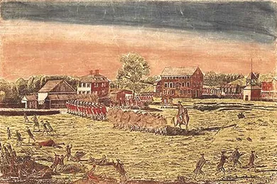 An engraving shows troop movements and fighting at the Battle of Lexington. In an open field with a few buildings in the background, British soldiers in red uniforms stand in lines; clouds of smoke show that some are firing muskets. An officer on horseback points; American soldiers run about the field in a less organized fashion.