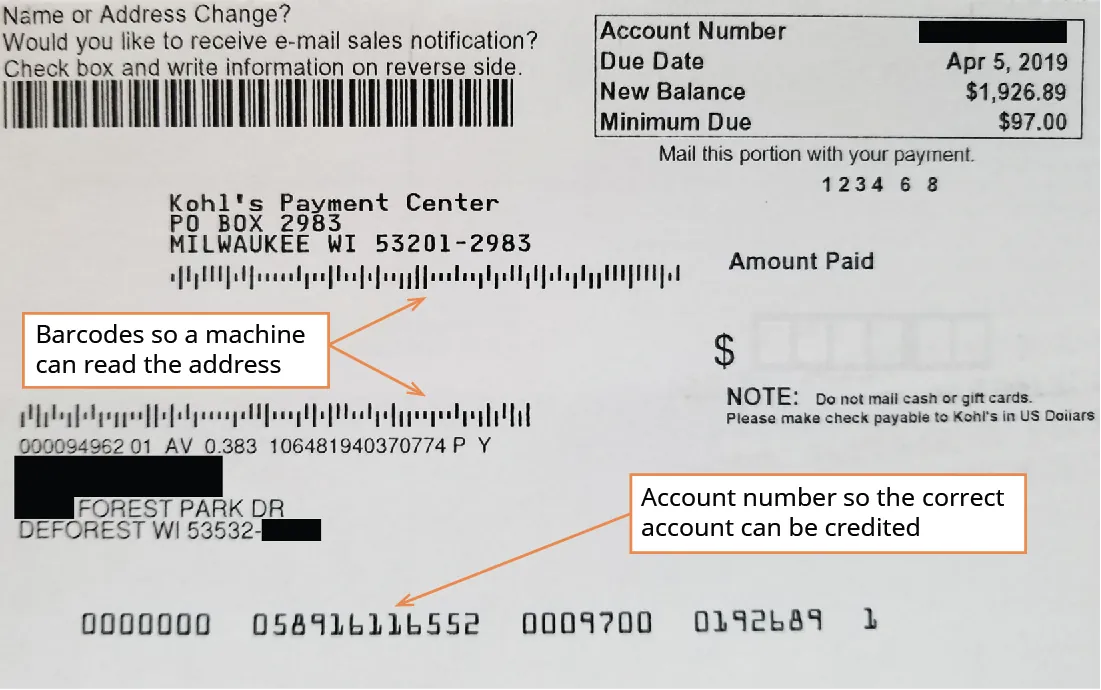 An example of the payment slip that customers return to a company with their payment.