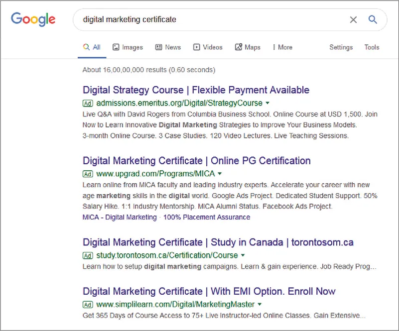 A list of search results for the phrase “digital marketing certificate” on Google.