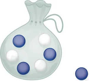 Drawing of a transparent drawstring bag containing three blue marbles and three white marbles. One blue marble is shown to the side of the bag.
