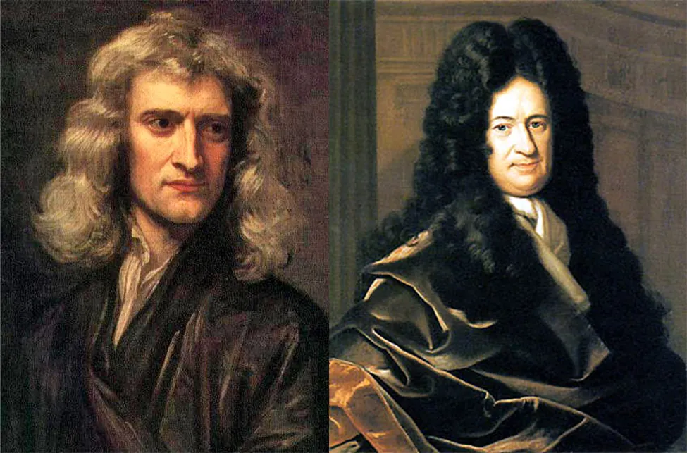 Photos of Newton and Leibniz.