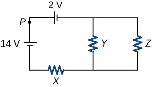 A circuit is shown as a rectangle with an extra line connecting the top and bottom having resistor Y. The top of this circuit has a 2-volt battery to the left of the Y resistor line, the left side of this circuit has a point P marked and then a 14-volt battery, the bottom has a resistor X to the left of the Y resistor line, and the right side has a resistor Z.