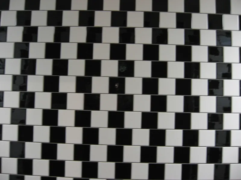 A black-and-white checkered board with squares that do not align directly under one another creates an illusion that the squares are not the same size.