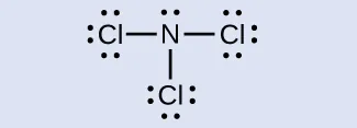 Se muestra una estructura de Lewis. Un átomo de nitrógeno con un par solitario de electrones está unido por enlace simple a tres átomos de cloro, cada uno de los cuales tiene tres pares solitarios de electrones.