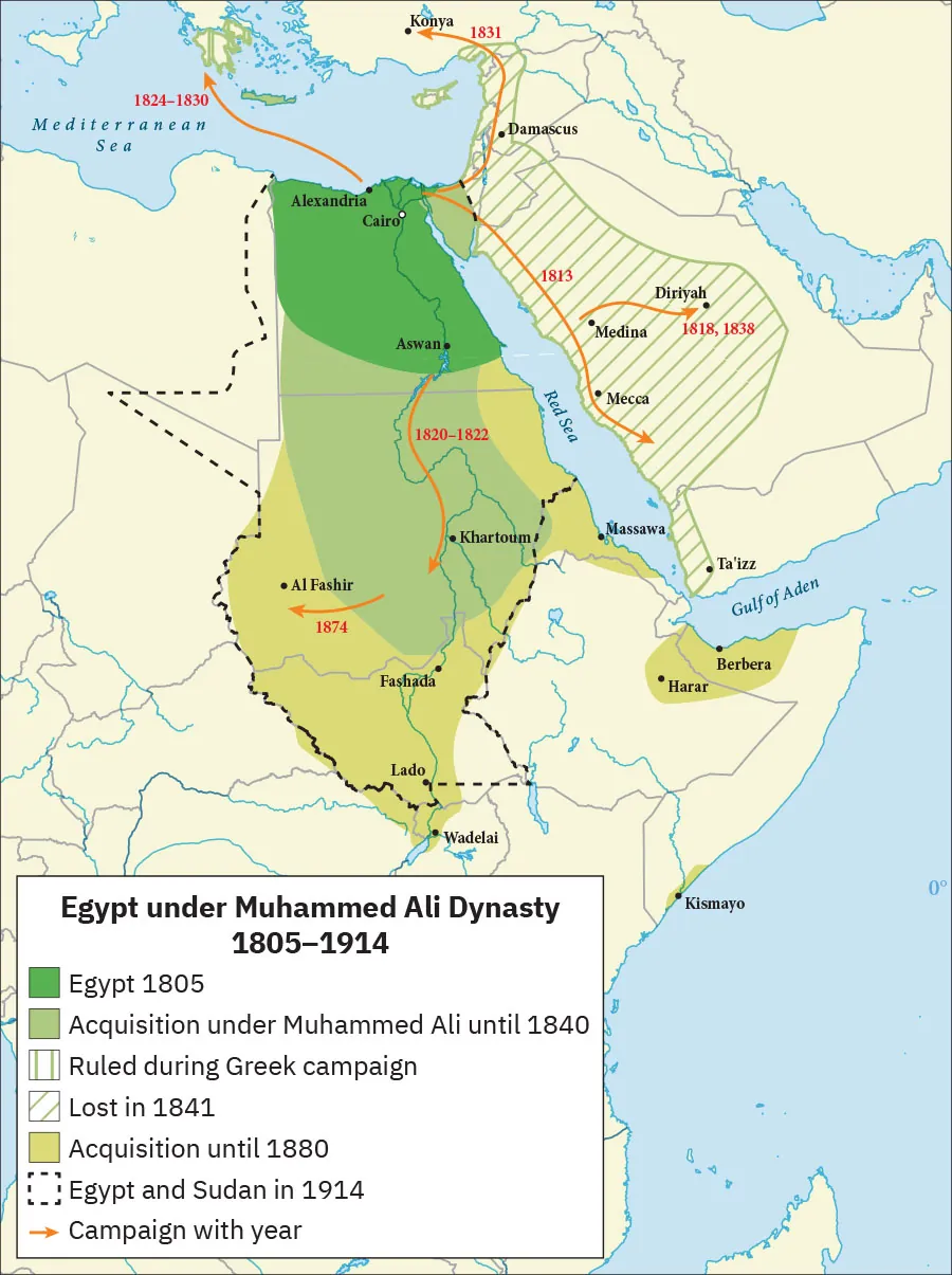 A map of the northeast portion of Africa is shown, the Mediterranean Sea to the north, and to the east the Red Sea, the Gulf of Aden and Middle East are shown. The map is labeled “Egypt under Muhammed Ali Dynasty 1805–1914.” A semicircular area labeled “Egypt 1805” is highlighted dark green in the northeast extending from the cities of Alexandra and Cairo at the north down to the city of Arwan. An area highlighted light green and labeled “Acquisition under Muhammed Ali until 1840” is shown as a rounded rectangular shape that extends from the dark green portion south, including Khartoum and ending just above Fashada. The peninsula separating the Mediterranean Sea and the Red Sea is also labeled “Acquisition under Muhammed Ali until 1840.” A yellow-green ‘U’ shaped area is highlighted around the light green area that is labeled “Acquisition until 1880.” It includes the cities of Al Fashir to the west, Fashada and Lado to the south and Massawa on the Red Sea. A small portion on the Horn of Africa is also highlighted yellow-green and includes the cities of Harar and Berbera as well as an area in the south around the city of Kismayo. An island to the northeast of Africa and a portion of the country of Greece are shown in vertical stripes and labeled “Ruled during Greek Campaign.” A large, long, oval area in Arabia running along the eastern coast of the Red Sea and extending inland is highlighted with slanted stripes and labeled ”Lost in 1841.” It includes the cities of Damascus, Diriyah, Medina, Mecca, and Ta’izz. A black dashed line runs around all of the dark green, light green, and yellow-green land running from the city of Alexandria in the north down to the city of Lado in the south, extending a bit out in to the west indicating “Egypt and Sudan in 1914.” Red arrowed lines on the map indicate “Campaign with year.” A red arrow is shown from the city of Alexandria going north to Greece with the years “1824–1830.” A red arrow from Cairo runs north up to Konya in Turkey in “1831.” A red arrow from Cairo heads south along the Red Sea to just south of Mecca in “1813.” A red arrow runs from Medina east to Diriyah in “1818, 1838.” A red arrow runs from Aswan south to southwest of Khartoum in “1820–1822.” A red arrow runs from east of Al Fashir to just west of it in “1874.”