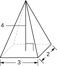 Esta figura es una pirámide con un ancho de base de 2, un largo de 3 y una altura de 4 unidades.