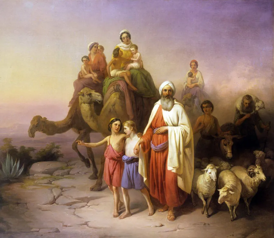 A picture of a colorful painting is shown. A man is shown wearing long orange robes with a purple sash across his waist, a white cape on his shoulders, white turban on his head, and sandals on his feet. He has a long white beard. He holds the hand of a shorter boy walking next to him. The boy is pale with reddish short hair. He is barefoot and bare chested with a blue cloth tied around his waist. Another boy is walking next to him with his arm around the first boy. He wears a red cloth hanging from his left shoulder and going around his waist. He has black hair and a small cap on his head. The bottom right of the picture shows sheep and rams walking with the people. In the back are two camels with women in long robes and white scarves on their heads riding atop the humps. Each woman has two small children with her either naked or in white cloths around their waists. In the back right is another woman on a camel in a white shirt and red scarf on her head holding one naked child in front of her. Behind the sheep and rams walk two figures, one holding on to an animals walking between them while the other has a sheep around his neck. The ground is gray and cracked and small green bushes are seen at the left of the painting. The sky behind is varying hues of purple, blue, and cream.