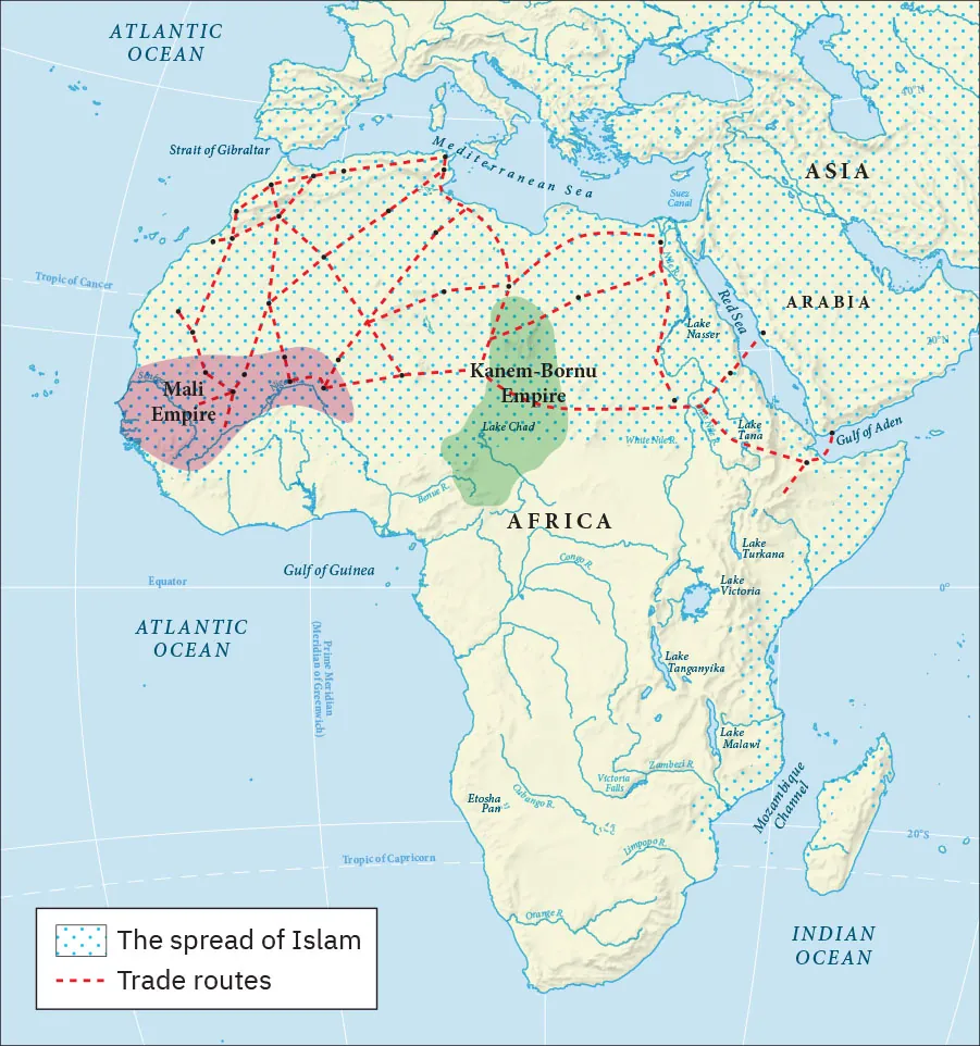 A map of the continent of Africa is shown. There is a pink portion in western Africa labeled ‘Mali Empire’ and in the middle of northern Africa there is a green area labeled ‘Kanem-Bornu Empire.’ Red dotted lines that indicate trade routes crisscross the northern part of the continent from black dots, with two crossing the Red Sea and the Gulf of Aden into Arabia. Blue dots that indicate the spread of Islam cover all of North Africa, Arabia, the portion of Asia shown, Southern Europe, and the eastern coast of Africa.