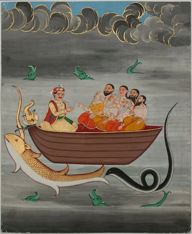 A scene from the Matsya Purana portrays Manu, the first man whose succession marks the prehistorical ages of earth. Manu sits with the Seven Sages in a boat to protect them from a mythic flood that is believed to have submerged the world.