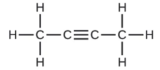 La figura B muestra un diagrama estructural de una molécula que tiene una cadena de cuatro átomos de carbono. El átomo de carbono más a la izquierda forma un enlace simple con tres átomos de hidrógeno y un enlace simple con el segundo átomo de carbono. El segundo átomo de carbono forma un triple enlace con el tercer átomo de carbono. El tercer átomo de carbono forma un enlace simple con el cuarto átomo de carbono. El cuarto átomo de carbono forma un enlace simple con tres átomos de hidrógeno cada uno.