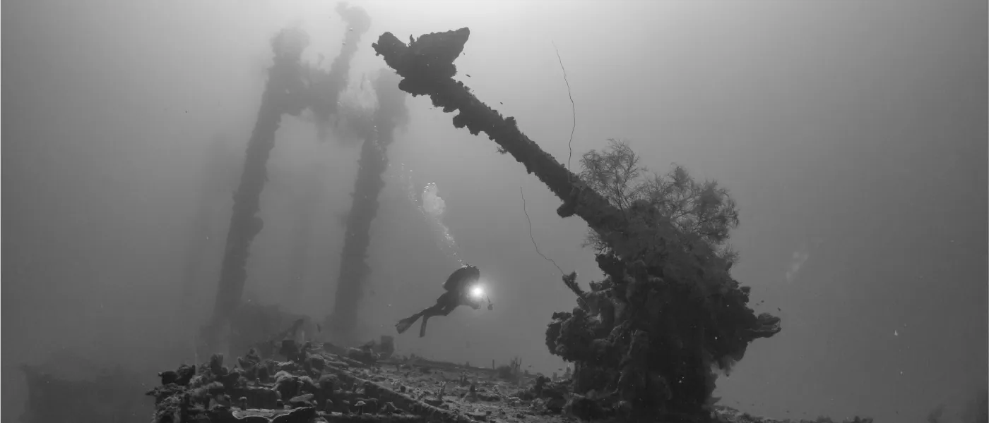 A scuba diver is underwater near the wreck of a ship. Directly adjacent to the diver is a large gun with coral or sea plants growing on it.