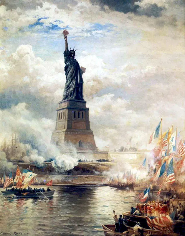A painting depicts the unveiling of the Statue of Liberty, which is surrounded by many small boats flying American and French flags.