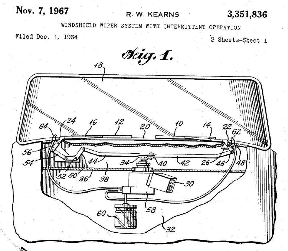 A drawing from a windshield wiper patent application. The image depicts the mechanism underneath the hood of the car, which has a few mechanisms and cables or tubes connected to the wipers.