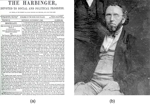 Image (a) shows the front page of The Harbinger. Photograph (b) is a portrait of George Ripley.