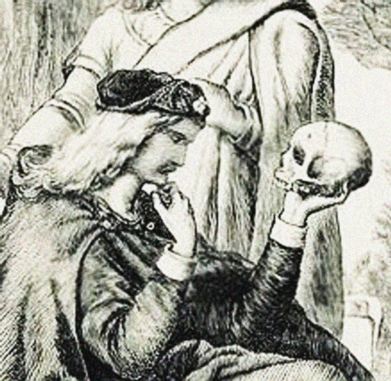 A drawing shows a kneeling person holding a skull. Another person is standing behind the kneeling person.