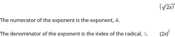 Image showing the cube root of 2x all raised to the fourth power with a rational exponent, (2x)^(4/3)