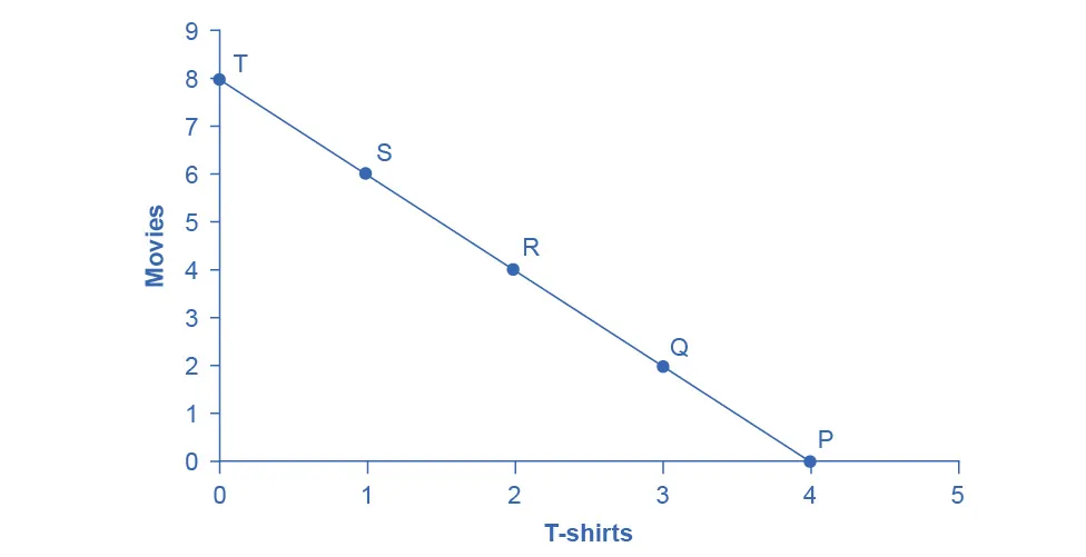 The points on the graph show how a budget is affected by spending choices. Spending more money at the movies (y-axis) means that Jose&#039; has less money to spend on T-shirts (x-axis).