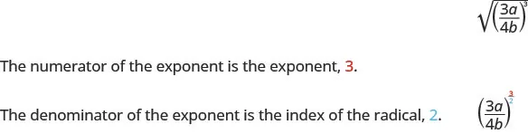 Image showing the square root of quantity 3a divided by quantity 4b raised to the power of 3 with a rational exponent, ((3a)/(4b))^(3/2)