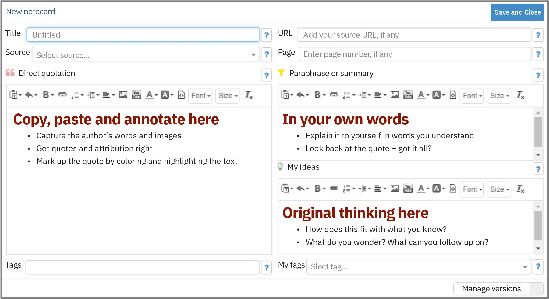 A computer screen shows an electronic notecard that has separate fields for Title, Source, URL, and Page. Three windows read, “Copy, paste and annotate here,” “In your own words,” and “Original thinking here.”