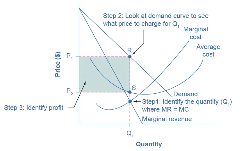 The graph shows monopoly profits as the area between the demand curve and the average cost curve at the monopolist’s level of output.