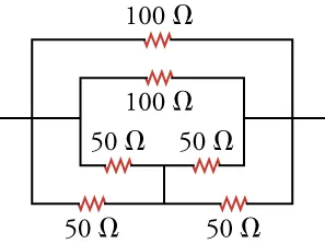 A circuit contains six resistors that are arranged in an outer circuit enclosing an inner circuit. The outer circuit has a 100-ohm horizontal resistor. Left end of the resistor is connected to a second resistor of 50 ohms. The other end of the second resistor is connected to a third resistor of 50 ohms, which in turn is connected to the right end of the first resistor. The inner circuit is identical to the outer circuit, and the left and right ends of both the circuits are connected. In addition, there is a line connecting the points between the two 50-ohm resistors of each circuit.