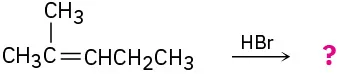 2-methyl-2-pentene reacts with hydrogen bromide to form an unknown product(s), depicted by a question mark.