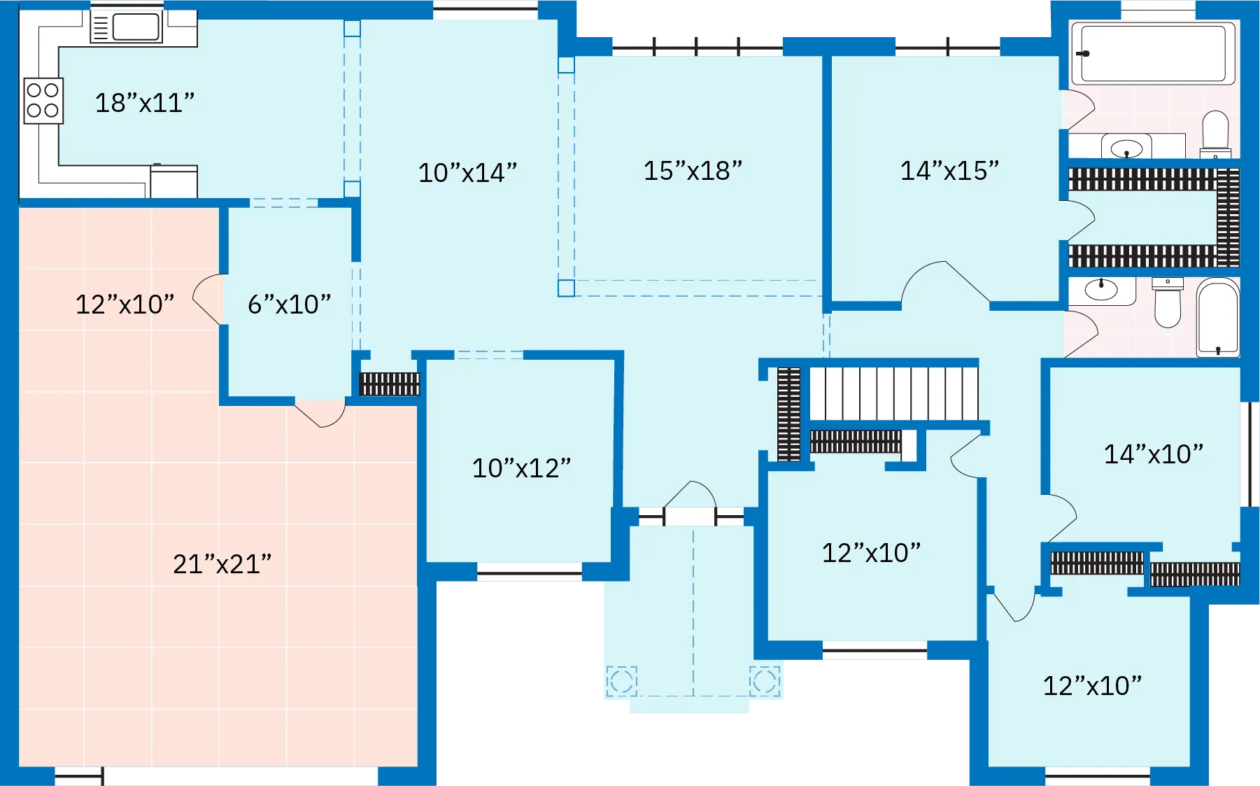 The floor plan of a 21st-century middle-class American home. The floor plan depicts a one-floor house with a kitchen, four bedrooms, two bathrooms, a family room, den, steps down to a basement, and an attached two car garage.
