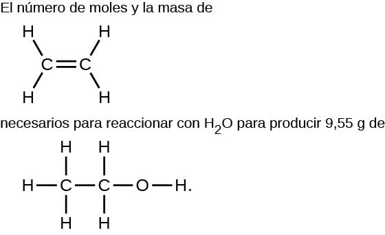 Esta figura comprende dos fórmulas estructurales. Dice: "El número de moles y la masa de", a lo que sigue una estructura con dos átomos de C conectados con un doble enlace horizontal en el centro. El átomo de C de la izquierda tiene átomos de H unidos por encima y a la izquierda y por debajo y a la izquierda. El átomo de C de la derecha tiene átomos de H unidos por encima y a la derecha y por debajo y a la derecha. Después de esta estructura, la figura dice: "necesario para reaccionar con H subíndice 2 O para producir 9,55 g de", a lo que sigue una estructura con dos átomos de C conectados con un enlace simple horizontal. El átomo de C de la izquierda tiene átomos de H unidos por encima, a la izquierda y por debajo. El átomo de C de la derecha tiene átomos de H unidos por encima y por debajo. A la derecha, un átomo de O forma un enlace simple con el átomo de C. Un solo átomo de H está unido al lado derecho del átomo de O.