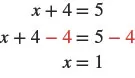 The image shows the given equation, x plus 4 equal to 5. Take 4 away from both sides of the equation to get x plus 4 minus 4 equal to 5 minus 4. On the left, plus 4 and minus 4 cancel out to leave just x. On the right 5 minus 4 is 1. The equation becomes x equal to 1.