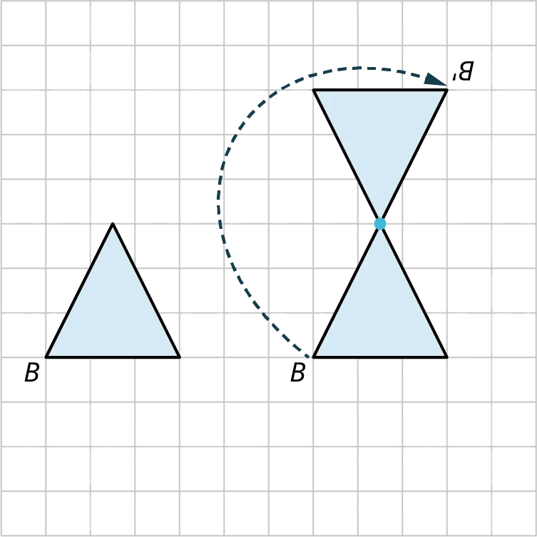 Two figures are plotted on a rectangular grid. The first figure is a triangle with its bottom-left vertex marked B. Each side measures 3 units. The second figure is a triangle with its bottom-left vertex marked B. Each side measures 3 units. A point is marked at the top vertex. The triangle is rotated 180 degrees about point B and in the new triangle, the vertex is marked B prime.