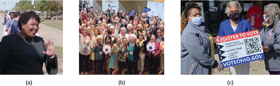 Image A shows Stacey Abrams waving. Image B shows a group of people, some with signs. Image C shows three people holding a sign with information about how to register to vote in Ohio.