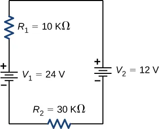 La figura muestra el terminal positivo de la fuente de voltaje V subíndice 1 de 24 V conectado en serie al resistor R subíndice 1 de 10 kΩ conectado en serie al terminal positivo de la fuente de voltaje V subíndice 2 de 12 V conectada en serie al resistor R subíndice 2 de 30 kΩ.