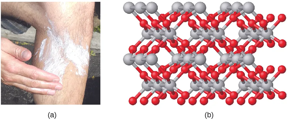 La figura A muestra una foto de una persona aplicándose bronceador en la parte inferior de la pierna. La figura B muestra un modelo tridimensional de barras y esferas de la molécula de dióxido de titanio, que implica un complicado engranaje de muchos átomos de titanio y oxígeno. Los átomos de titanio de la molécula se muestran como esferas plateadas y los átomos de oxígeno como esferas rojas. Hay el doble de átomos de oxígeno que de titanio en la molécula.