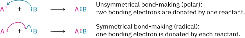 Two reactions for the formation of A B with a shared pair of electrons show unsymmetrical bond-making (full arrow) and symmetrical bond-making (fish hook arrows), respectively.