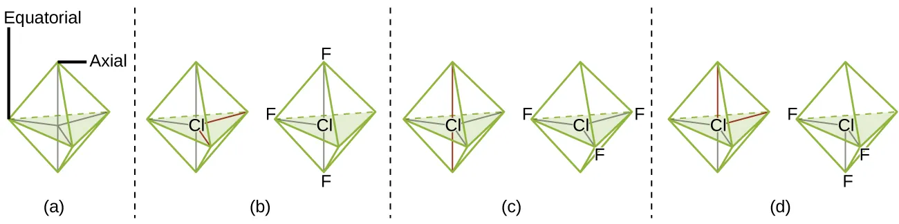 Four sets of images are shown and labeled, “a,” “b,” “c,” and “d.” Each image is separated by a dashed vertical line. Image a shows a six-faced, bi-pyramidal structure where the central vertical axis is labeled, “Axial,” and the horizontal plane is labeled, “Equatorial.” Image b shows a pair of diagrams in the same shape as image a, but in these diagrams, the left has a chlorine atom in the center while the right has a chlorine atom in the center, two fluorine atoms on the upper and lower ends, and one fluorine in the left horizontal position. Image c shows a pair of diagrams in the same shape as image a, but in these diagrams, the left has a chlorine atom in the center while the right has a chlorine atom in the center and three fluorine atoms in each horizontal position. Image d shows a pair of diagrams in the same shape as image a, but in these diagrams, the left has a chlorine atom in the center while the right has a chlorine atom in the center, two fluorine atoms in the horizontal positions, and one in the axial bottom position.