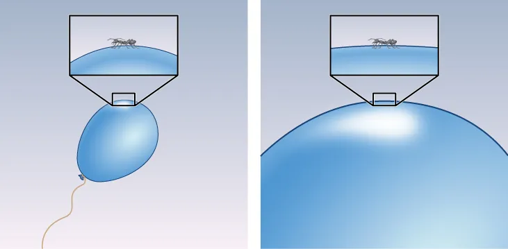 Analogy for Inflation. The panel at left shows a small blue balloon, with an inset expanded to show an ant on the curved surface. The ant could easily detect the curvature of the balloon. The panel at right shows the balloon hugely inflated, with an inset expanded to show an ant on the much flatter surface. The ant would have a difficult time detecting the curvature of the balloon.