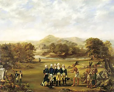 A painting depicts a small group of uniformed Americans negotiating with several Native Americans in native dress. The Native who speaks to the Americans bends slightly and gestures with his hands, with his compatriots standing behind him; the Americans, who stand straight-backed in a tight, impenetrable group, appear unmoved.