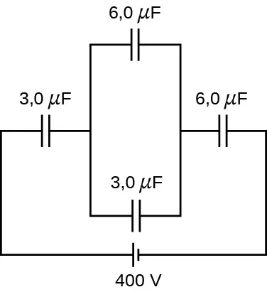 La figura muestra un circuito cerrado con una batería de 400 voltios. El terminal positivo de la batería se conecta a un condensador de 3 microfaradios, seguido de una combinación de dos condensadores en paralelo entre sí, seguido de un cuarto condensador de valor 6 microfaradios que, a su vez, se conecta al terminal negativo de la batería. Los condensadores en paralelo tienen valores de 6 microfaradios y 3 microfaradios.