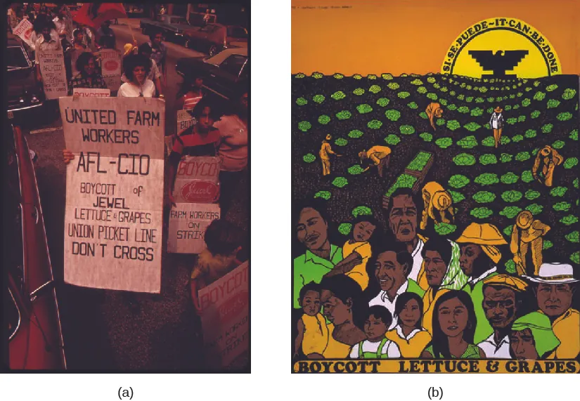 Image A is of a group of people carrying signs. The signs read “United Farm Workers AFL-CIO boycott of Jewel Lettuce & Grapes Union Picket Line Don’t Cross” and “Boycott, Farm Workers on Strike”. Image B is of a poster that shows people picking crops in a field. The sun rises in the background. In the center of the sun is an eagle, and text along the sun reads “Si se puede ~ It can be done”. Text at the bottom of the poster reads “Boycott Lettuce & Grapes”.