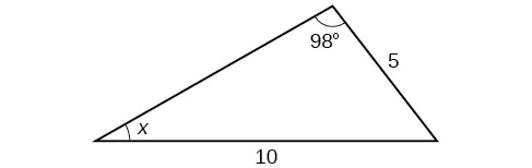 Un triángulo. Uno de los ángulos es de 98 grados con el lado opuesto = 10. Otro ángulo es de x grados con el lado opuesto = 5.