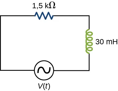 Circuito en serie con fuente de voltaje V paréntesis t paréntesis, un inductor de 30 mH y un resistor de 1,5 kilo ohmios