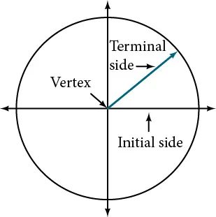 Graph of a circle with an angle inscribed, showing the initial side, terminal side, and vertex.