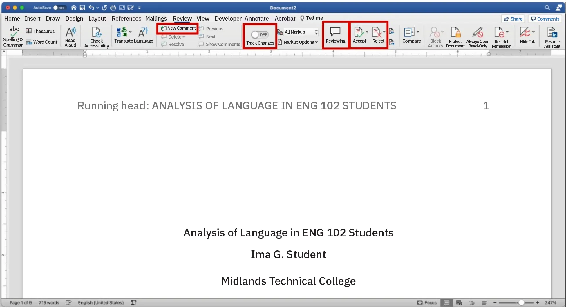 A Microsoft Word page shows some features of the Review tab highlighted in red.