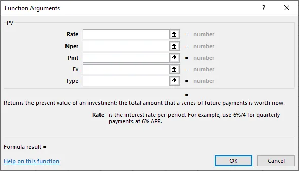 Screenshot of new dialog box for PV function arguments. It shows the data entry screen called “Function Arguments” and the PV section contains fields for Rate, Nper, Pmt, Fv, and Type, all numerical fields.