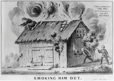 A cartoon depicts Martin Van Buren and his son John setting fire to a barn, from which smoke billows. Lewis Cass crouches on the roof, preparing to leap. John exclaims “That’s you Dad! more ‘Free Soil.’ We'll rat ‘em out yet. Long life to Davy Wilmot.”